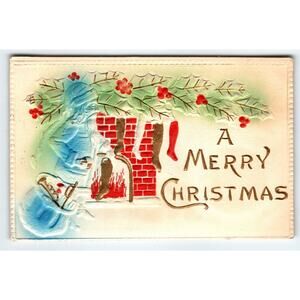 Santa Claus Christmas Postcard Airbrushed Thick Embossing Fireplace Stockings